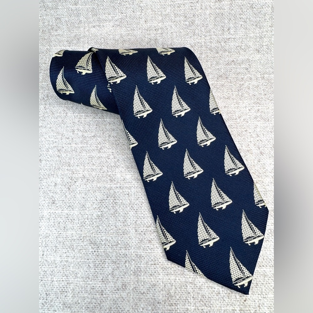 Peterborough Row Sailboat Nautical Silk Tie made‎ in the USA navy blue, ivory